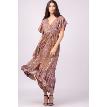 Rochie lunga cu volan si imprimeu floral, din matase indiana in nuante de roz