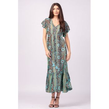 Rochie lunga cu volan si imprimeu floral, din matase indiana turcoaz- maro