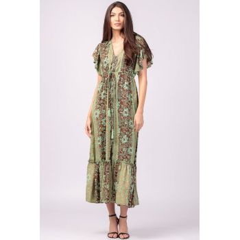 Rochie lunga cu volan si imprimeu floral, din matase indiana verde menta - maro