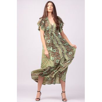 Rochie lunga cu volan si imprimeu floral, din matase indiana verde menta - maro