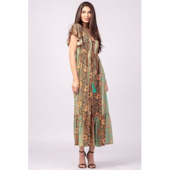 Rochie lunga cu volan si imprimeu floral, din matase indiana verde menta - portocaliu