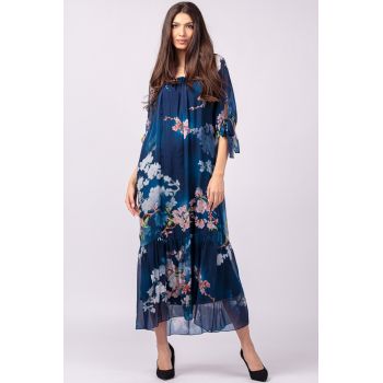 Rochie lunga din matase si vascoza, cu imprimeu flori de cires pe fond bleumarin