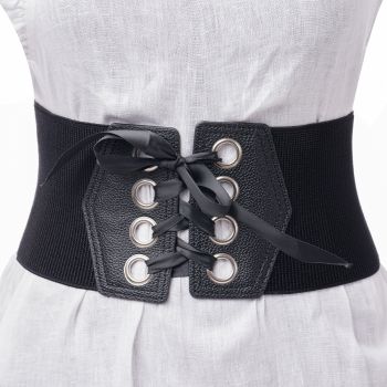 Centura corset din piele ecologica cu 8 capse mari argintii si funda satin