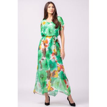 Rochie lunga din matase naturala, cu imprimeu floral pe fond verde, cu cordon