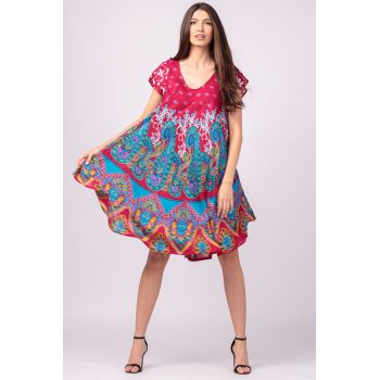 Rochie midi A-line cu imprimeu paisley, pe fond fucsia