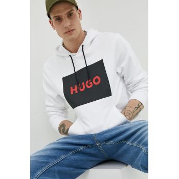 HUGO hanorac de bumbac bărbați, culoarea alb, cu glugă, imprimeu 50473168 de firma original