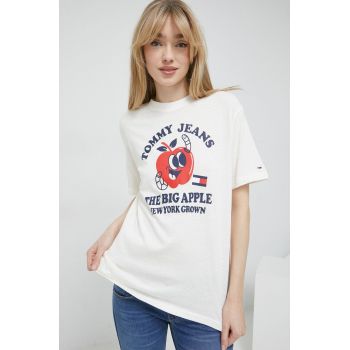 Tommy Jeans tricou din bumbac culoarea bej