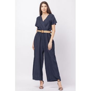 Salopeta de vara, din in, cu bust petrecut si curea, bleumarin