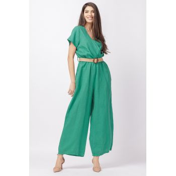 Salopeta de vara, din in, cu bust petrecut si curea, verde