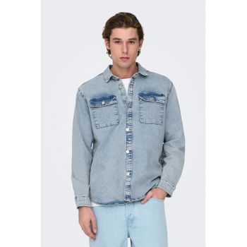 Jacheta-camasa din denim cu buzunare cu clapa ieftina