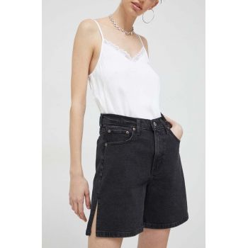 Abercrombie & Fitch pantaloni scurti jeans femei, culoarea negru, neted, high waist