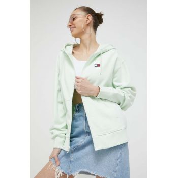 Tommy Jeans hanorac de bumbac femei, culoarea verde, cu glugă, neted