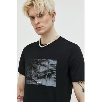HUGO tricou din bumbac culoarea negru, cu imprimeu