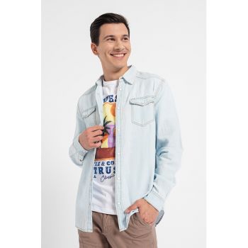 Camasa din amestec de denim cu buzunare pe piept