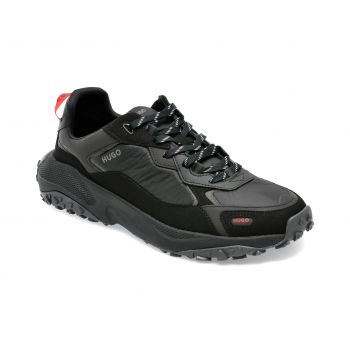 Pantofi HUGO negri, 3048, din material textil si piele ecologica