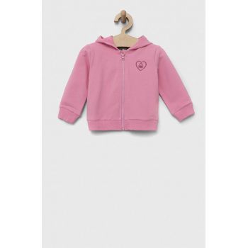 United Colors of Benetton bluza copii culoarea roz, cu glugă, cu imprimeu