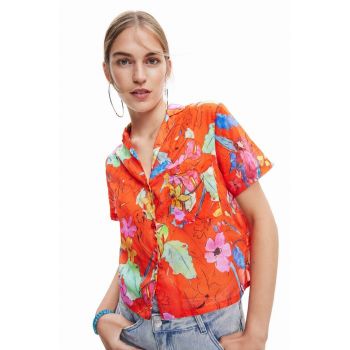 Desigual camasa din bumbac femei, culoarea rosu, cu guler clasic, relaxed de firma originala