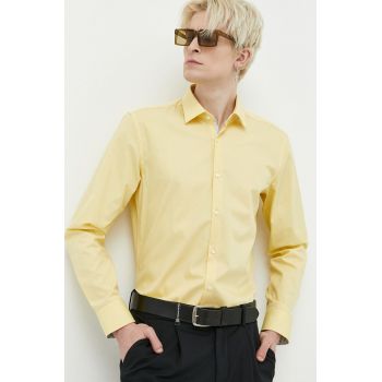 HUGO camasa din bumbac barbati, culoarea galben, cu guler clasic, slim
