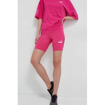 Puma pantaloni scurti femei, culoarea roz, cu imprimeu, high waist ieftini