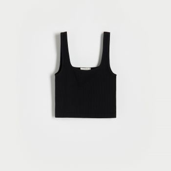 Reserved - Top scurt din tricot striat - Negru