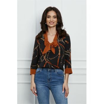 Bluza La Donna neagra cu esarfa maro si imprimeu chain
