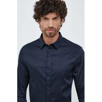 Armani Exchange camasa barbati, culoarea albastru marin, cu guler clasic, slim ieftina