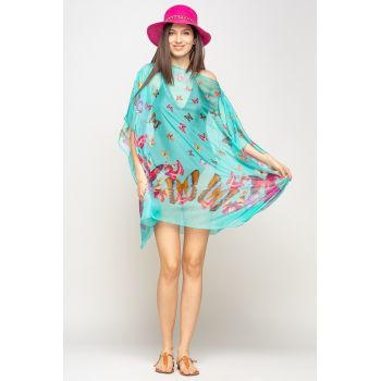 Rochie de plaja tip poncho cu fluturi pe fond turcoaz, vascoza si matase de firma originale