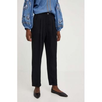 Answear Lab pantaloni din in culoarea negru, fason chinos, high waist