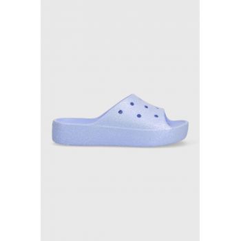 Crocs papuci Classic Platforn Glitter Slide femei, culoarea violet, cu platformă 208233