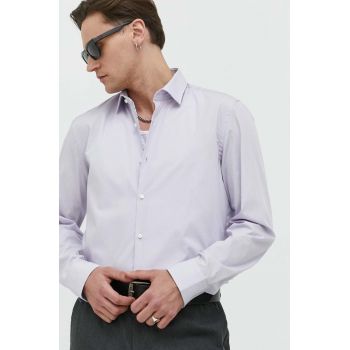 HUGO camasa din bumbac barbati, culoarea violet, cu guler clasic, slim de firma originala