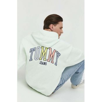 Tommy Jeans hanorac de bumbac barbati, culoarea verde, cu glugă, neted