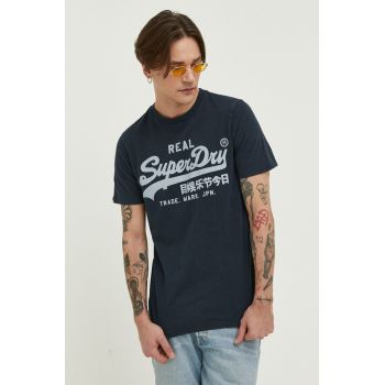 Superdry tricou din bumbac culoarea albastru marin, cu imprimeu