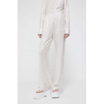 Stine Goya pantaloni femei, culoarea bej, lat, high waist
