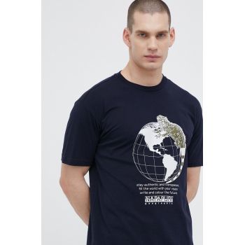 Napapijri tricou din bumbac culoarea albastru marin, cu imprimeu