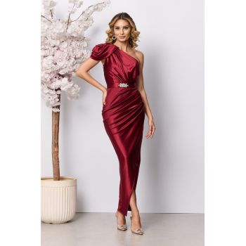 Rochie de ocazie din licra satinat tip one shoulder Sublime Bordo ieftina