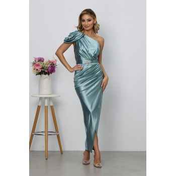Rochie de ocazie din licra satinat tip one shoulder Sublime Vernil