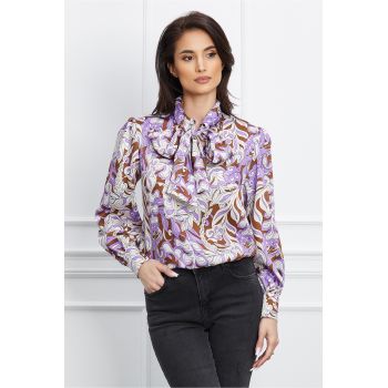 Bluza Dy Fashion mov cu imprimeu maro din satin cu funda la guler