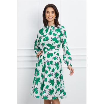 Rochie Dy Fashion din voal alba cu imprimeu verde