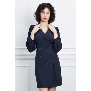 Rochie Eliza bleumarin tip sacou cu maneci din voal