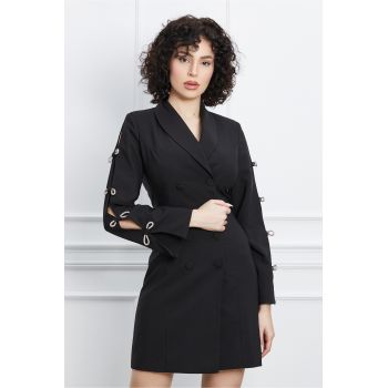 Rochie LaDonna neagra tip sacou cu funde pe maneci