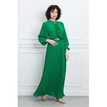 Rochie Romina lunga verde cu pliuri si curea in talie