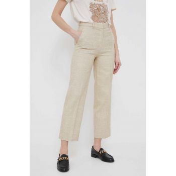 Sisley pantaloni femei, culoarea bej, drept, high waist