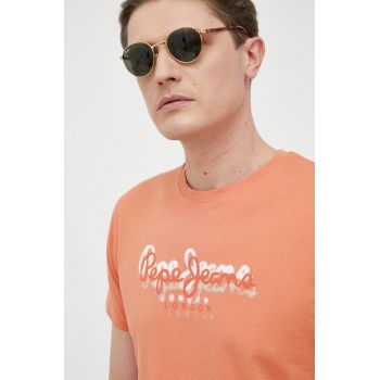 Pepe Jeans tricou din bumbac Richme culoarea portocaliu, cu imprimeu ieftin