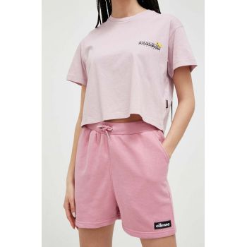 Ellesse pantaloni scurti femei, culoarea roz, cu imprimeu, high waist ieftini