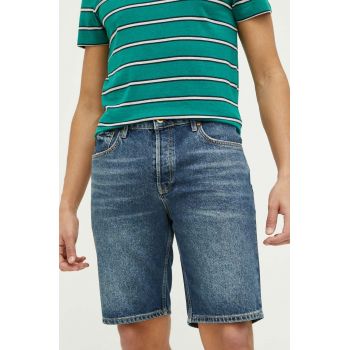 Superdry pantaloni scurti jeans barbati, culoarea albastru marin
