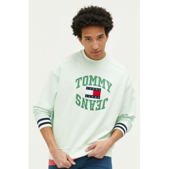 Tommy Jeans hanorac de bumbac barbati, culoarea verde, cu imprimeu ieftin