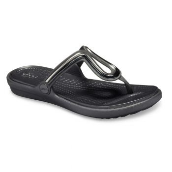 Șlapi Crocs Women's Sanrah MetalBlock Flat Flip Negru - Multi Black/Black ieftine