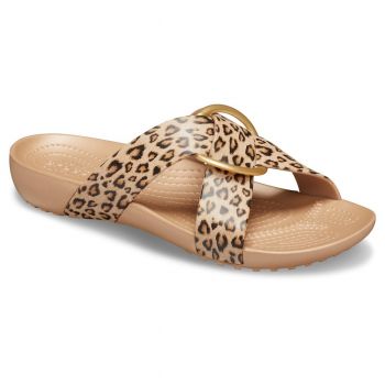 Papuci Crocs Serena Printed Cross Band Slide Maro - Leopard/Gold