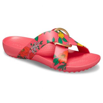 Papuci Crocs Serena Printed Cross Band Slide Roz - Floral/Poppy