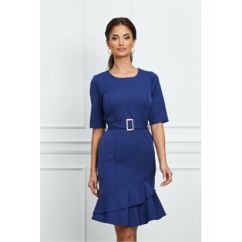 Rochie Doina bleumarin cu volan la baza si cordon in talie